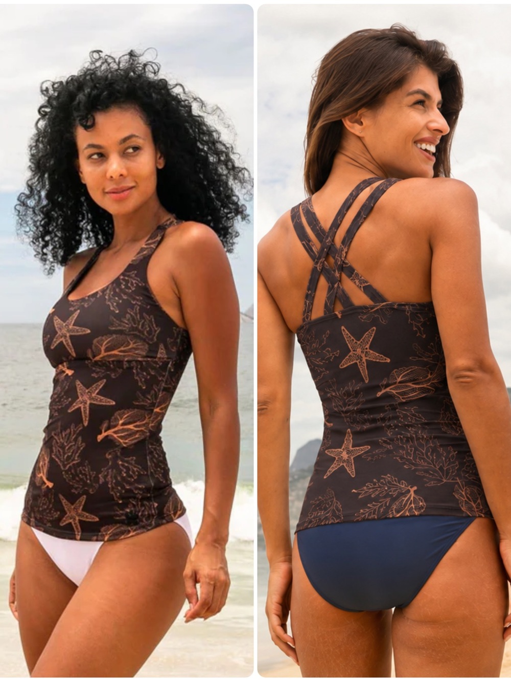 NWT Hapari Luxe Black & Brown Starfish Print Crisscross Back Y2K Tankini SwimTop